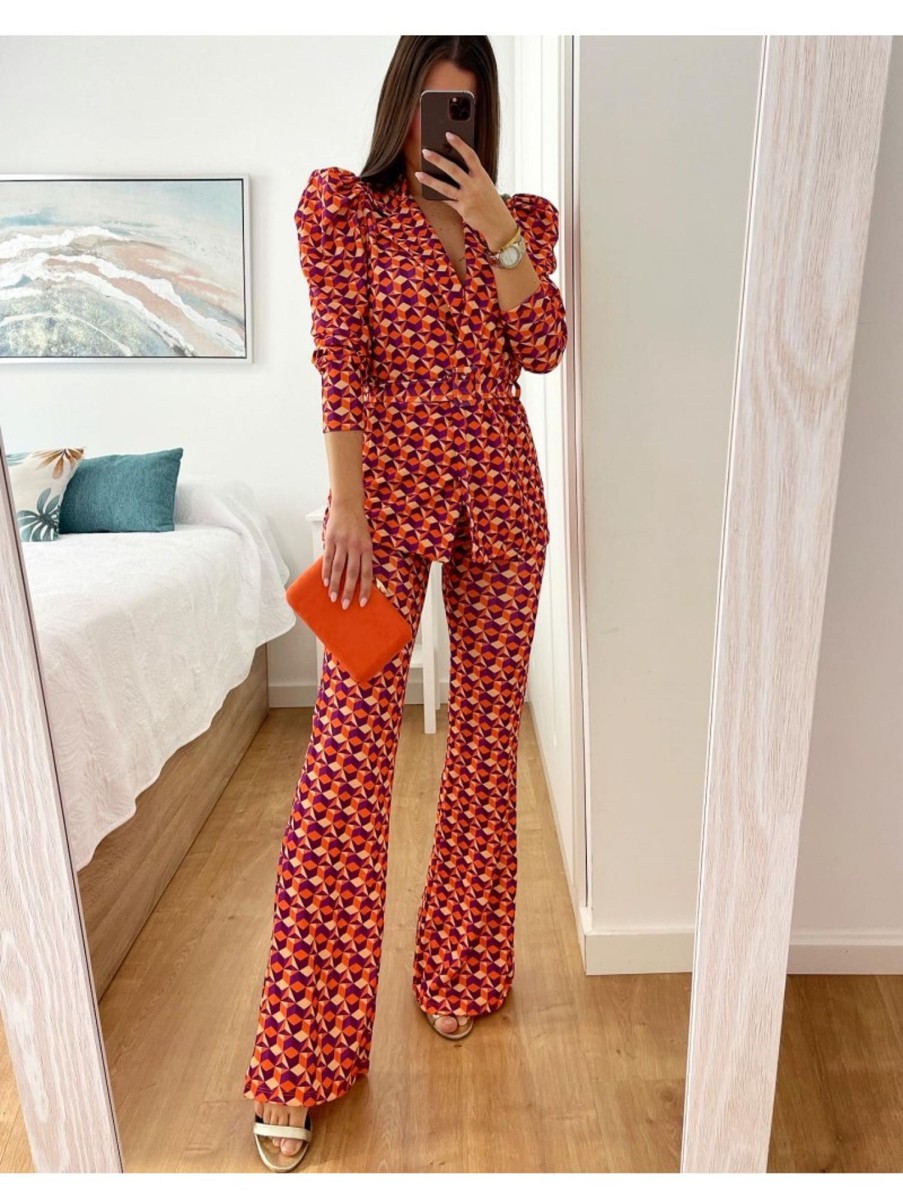 Caperucita Rosa (Rosa Navarro) Conjunto Traje Pantalon Formas Geometricas Naranjas, Buganvilla Y Yema Hollywood (M18)