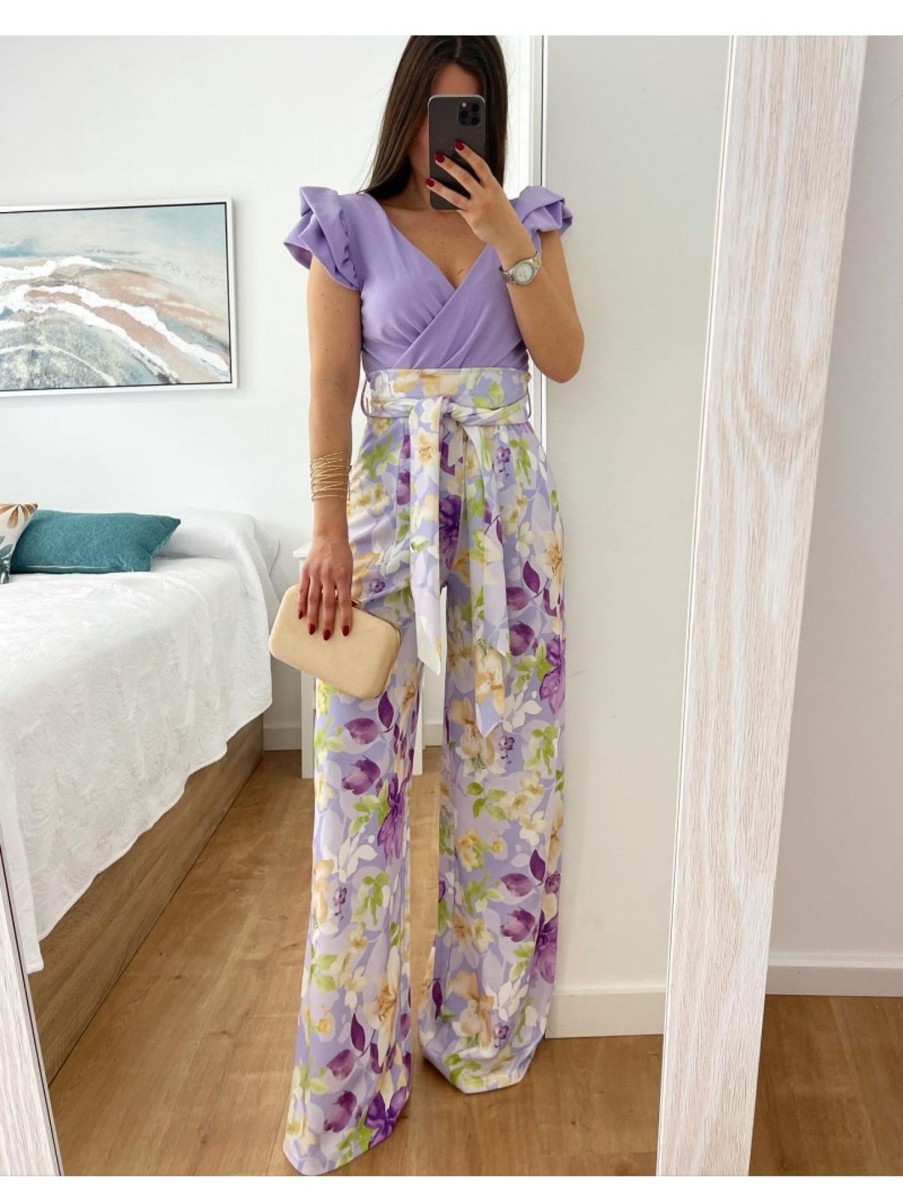 Caperucita Rosa (Rosa Navarro) Pantalon Palazzo Malva Talle Alto Flores Verdes Y Crema Napoli (V10)