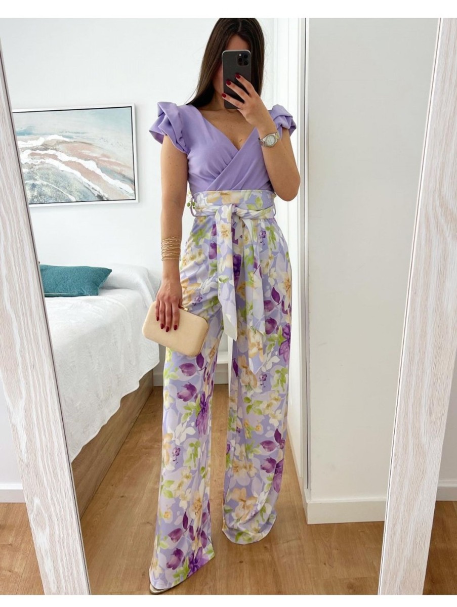 Caperucita Rosa (Rosa Navarro) Pantalon Palazzo Malva Talle Alto Flores Verdes Y Crema Napoli (V10)