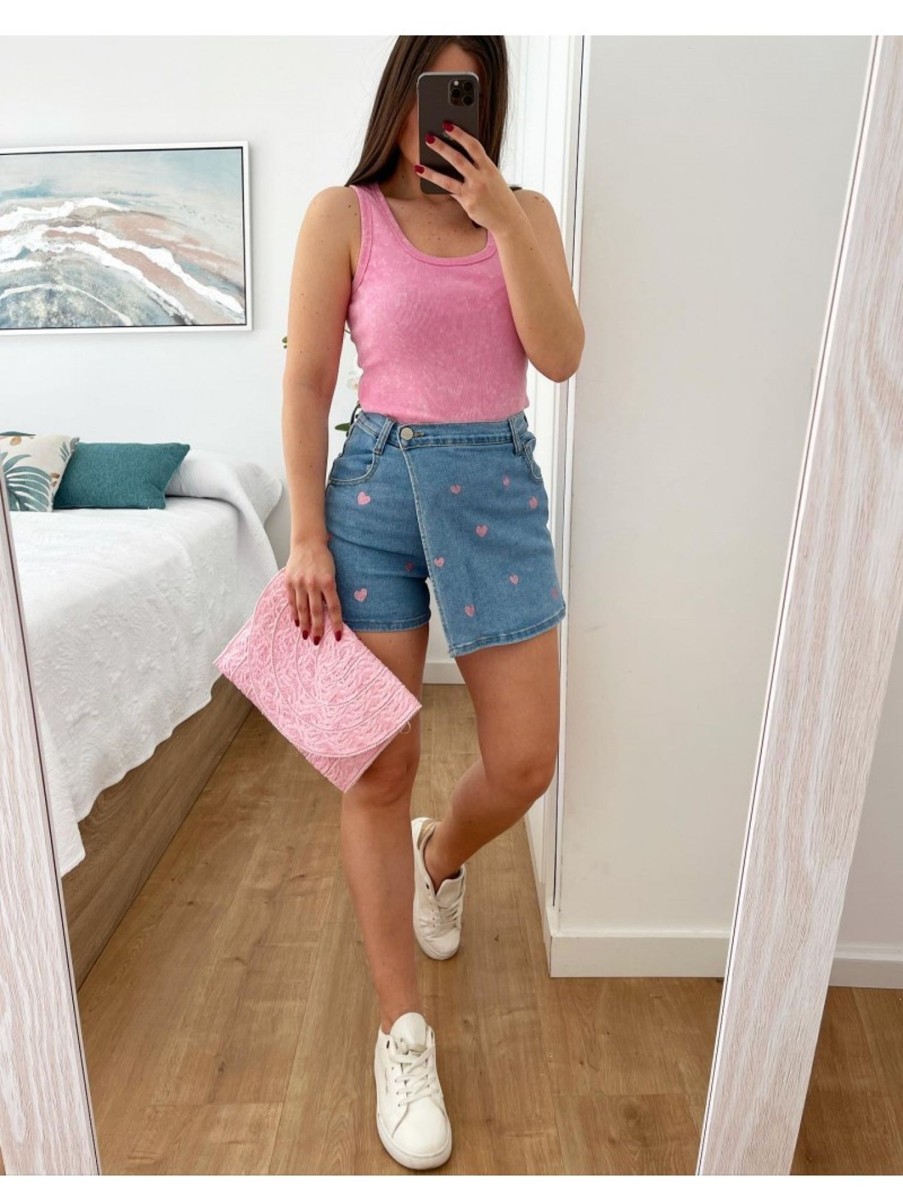 Caperucita Rosa (Rosa Navarro) Falda/Pantalon Vaquero Corazoncitos Glitter Rosa Rd2079 (G34)