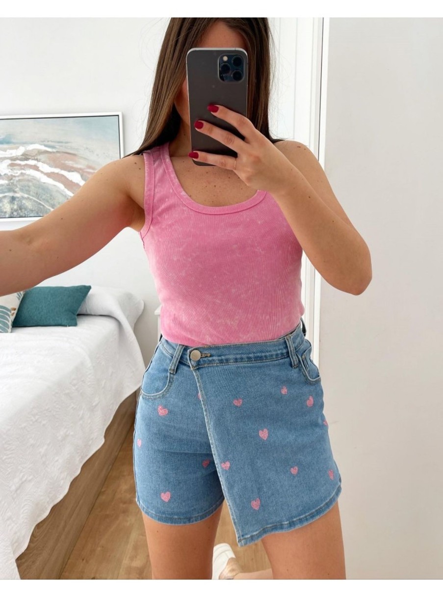 Caperucita Rosa (Rosa Navarro) Falda/Pantalon Vaquero Corazoncitos Glitter Rosa Rd2079 (G34)