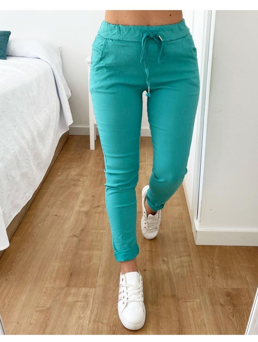 Caperucita Rosa (Rosa Navarro) Pantalon Efecto Arrugado Turquesa Maika (V04)
