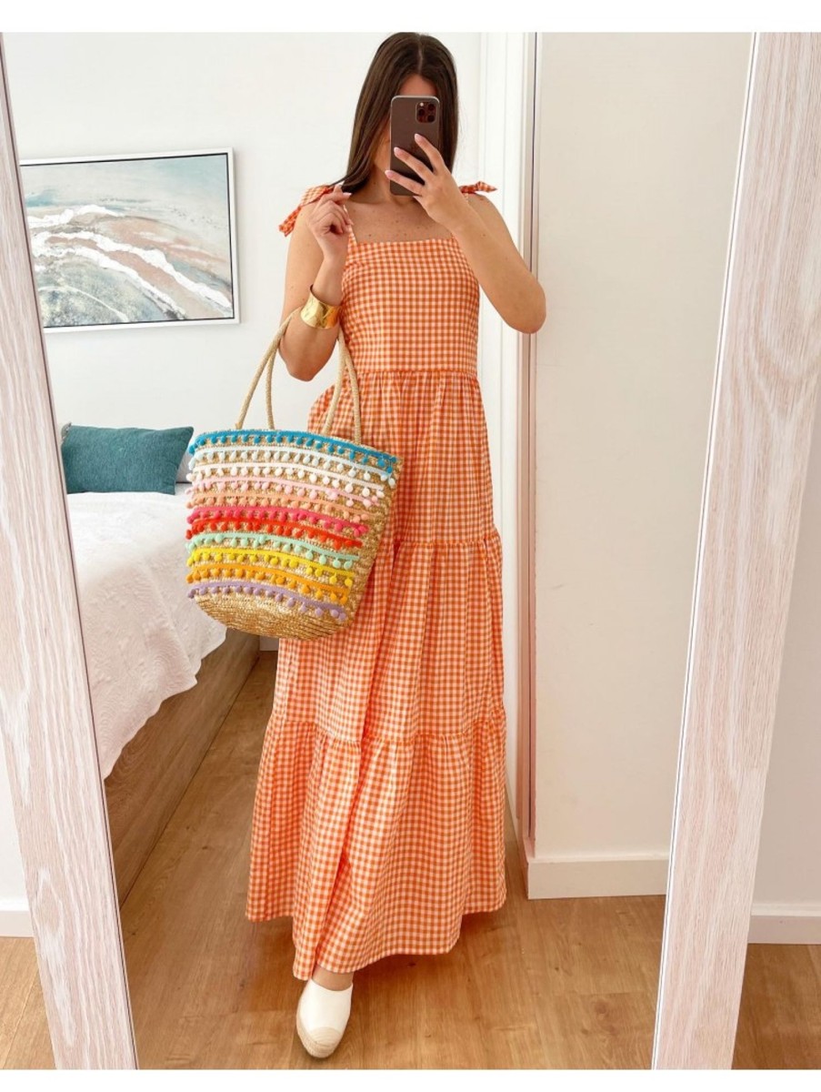Caperucita Rosa (Rosa Navarro) Vestido Vichy Naranja Volantes Tirante Lazada (M17)